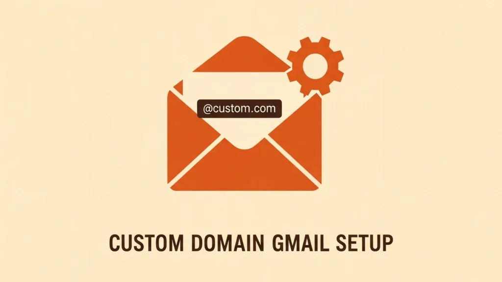 An illustration of an orange open envelope with a gear icon and a label reading @custom.com on a beige background, with the text Custom Domain Gmail Setup at the bottom.