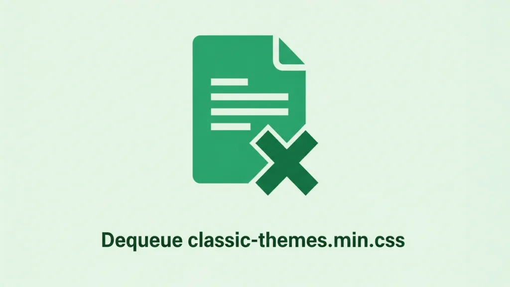 A graphic on a light green background featuring a green document icon with a dark green 'X' mark over it, symbolizing file removal. The text below reads 'Dequeue classic-themes.min.css'.