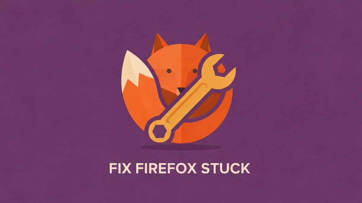 A minimalist flat vector illustration of a stylized orange fox logo with a golden wrench indicating a repair.