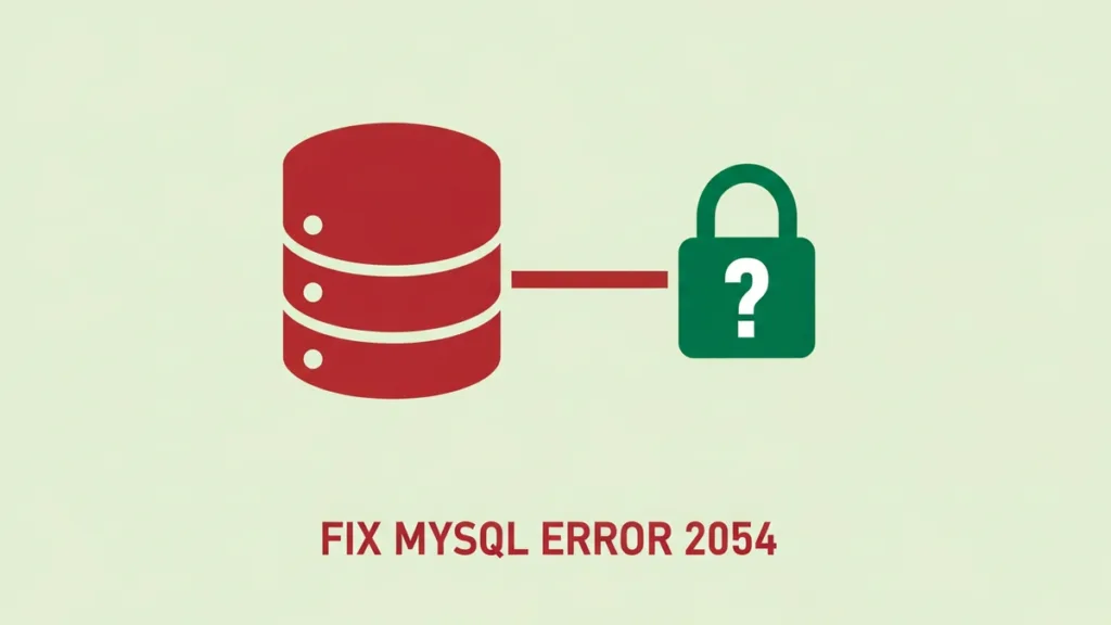 A flat vector illustration of a red database cylinder connecting to a green padlock containing a white question mark, representing an authentication error. Text: FIX MYSQL ERROR 2054.