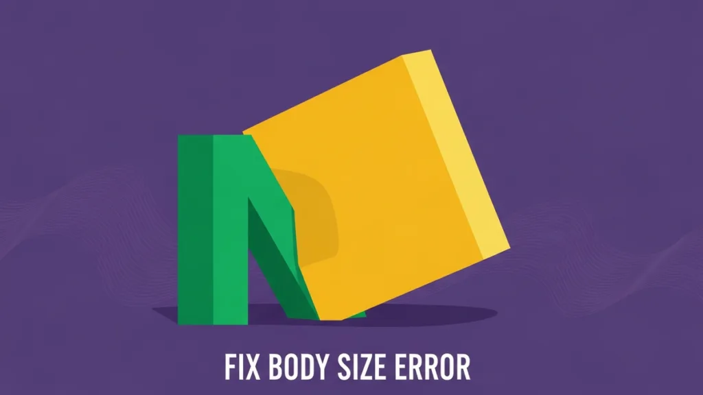 An abstract geometric illustration of an oversized square block stuck at the entrance of a narrow green N-shaped gateway. Text: FIX BODY SIZE ERROR.