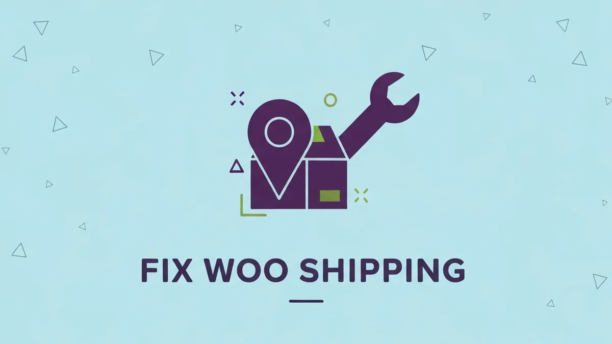 A minimalist flat vector illustration of a purple shipping box with a location pin and a wrench tool. Text: FIX WOO SHIPPING.