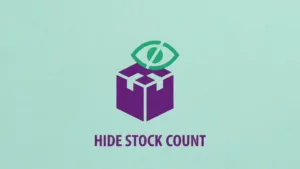 A minimalist purple shipping box featuring a green 'hidden eye' symbol to represent hiding inventory. Text: HIDE STOCK COUNT.
