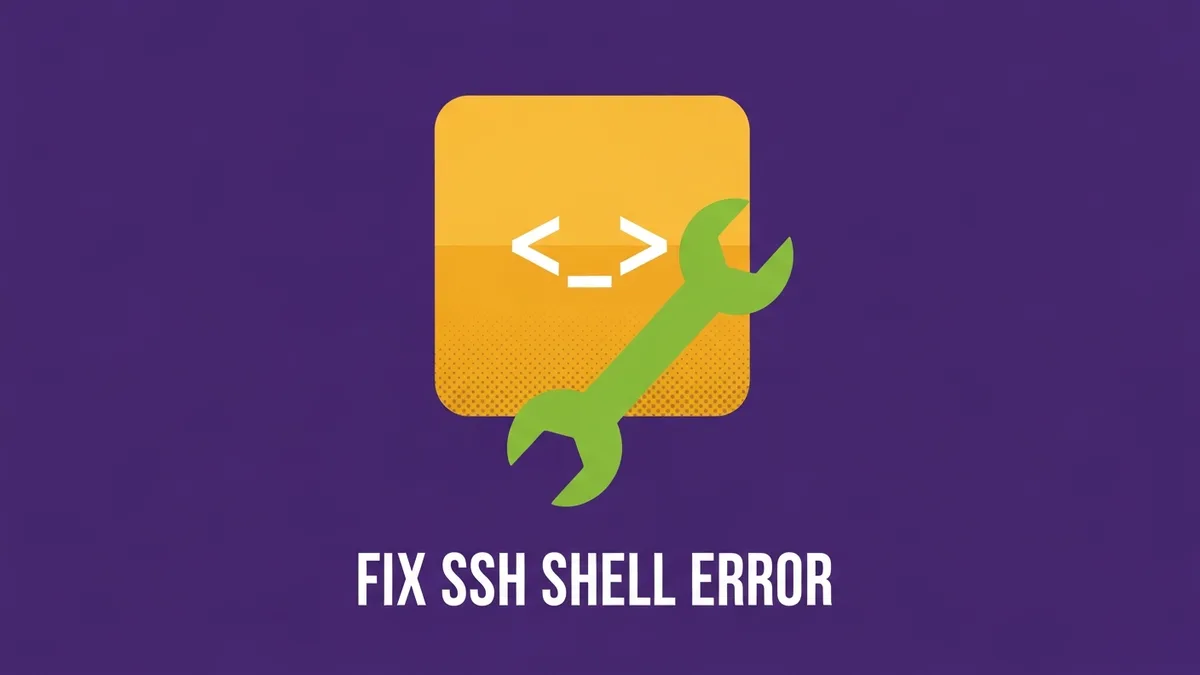 A minimalist flat vector illustration showing a gold Linux terminal icon being repaired by a lime green wrench on a purple background.