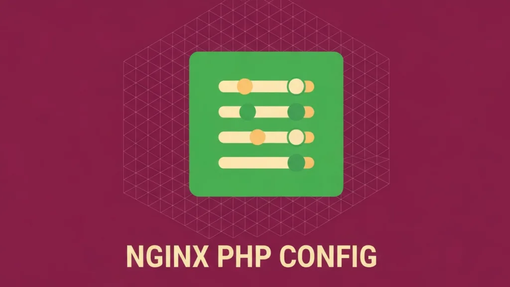 A flat vector green Nginx logo featuring minimalist configuration toggle switches against a burgundy background.