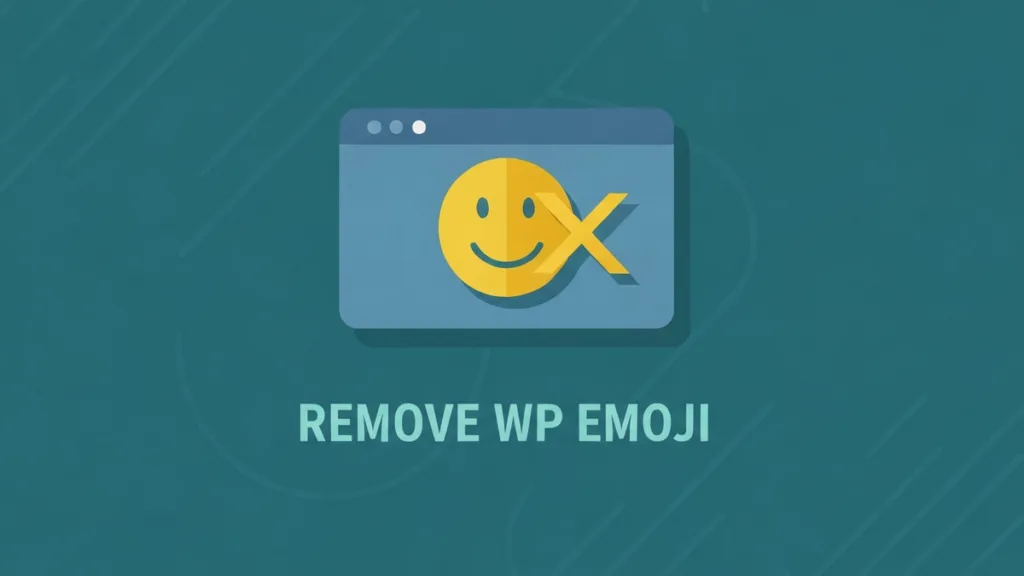 A stylized flat vector web page icon featuring a smiley face in the header being crossed out. Text: REMOVE WP EMOJI.