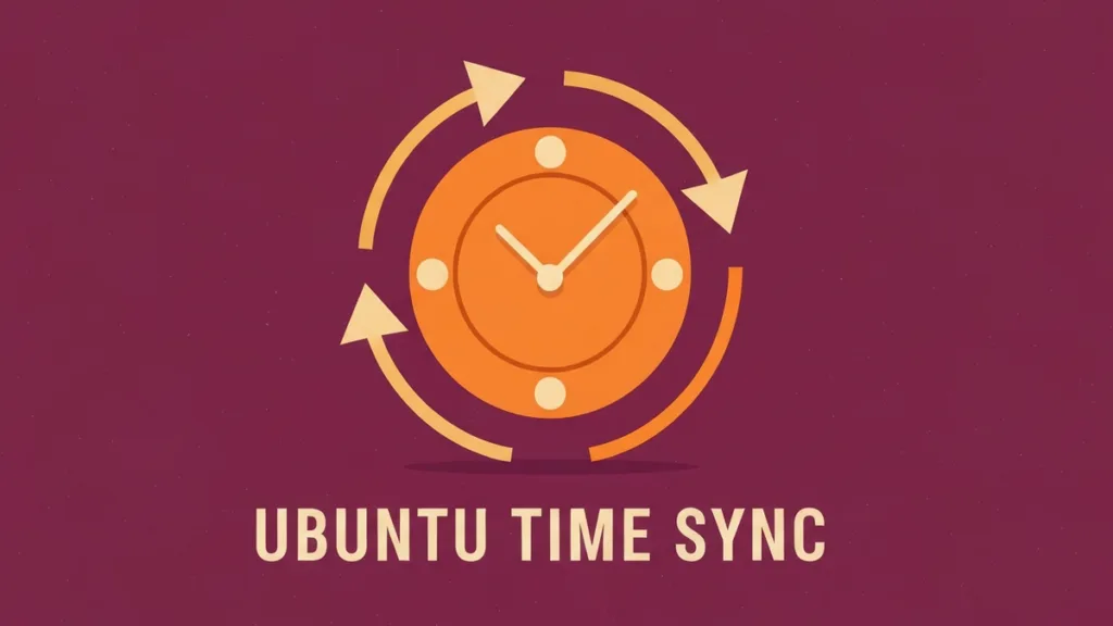 A flat vector illustration of an Ubuntu logo styled as a clock with synchronization arrows on a burgundy background.