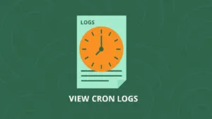 A flat vector illustration showing a stylized clock overlaying a log file document. Text: VIEW CRON LOGS.