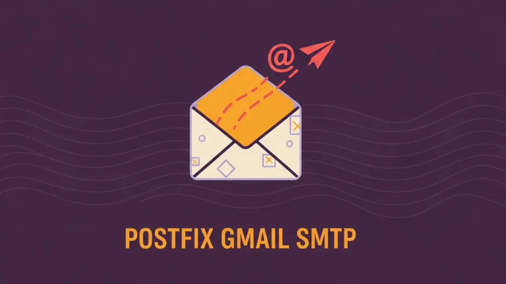 A stylized envelope with an @ symbol taking flight as a paper airplane. Text: POSTFIX GMAIL SMTP.