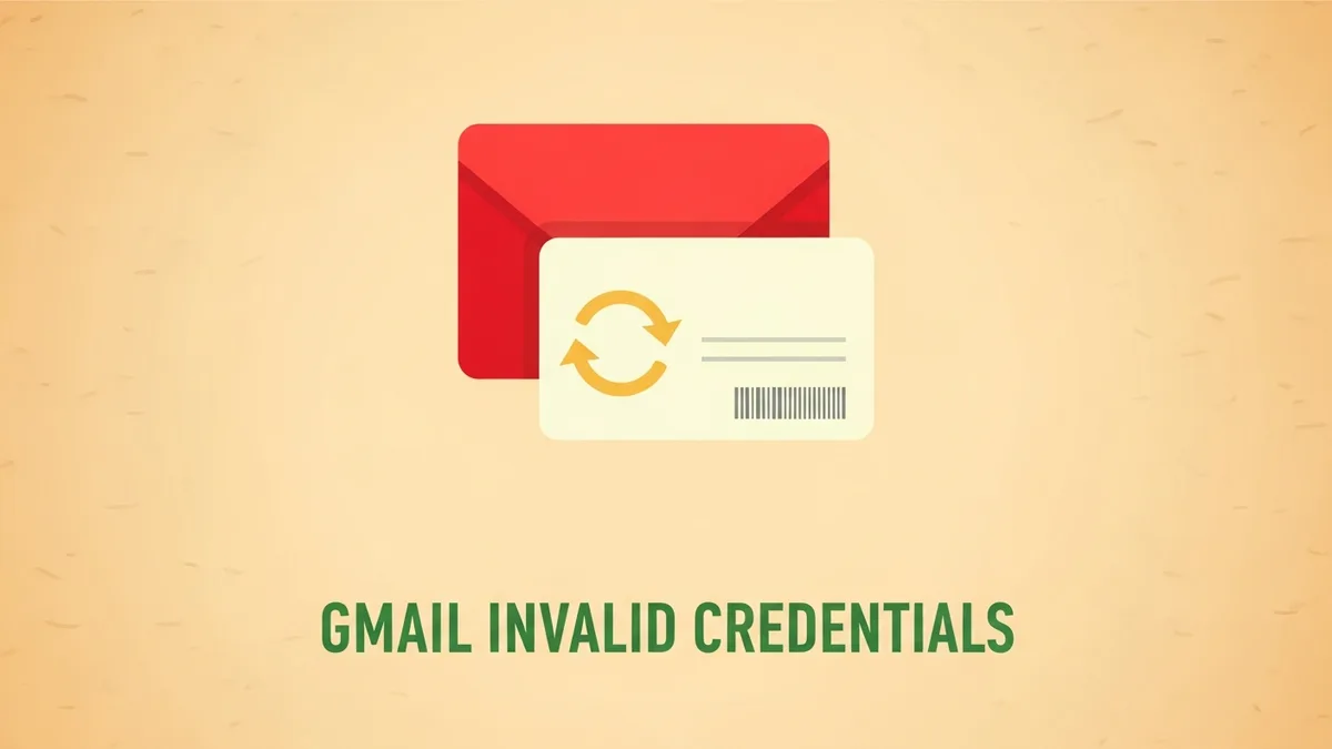 A red envelope overlapping a simple access badge with a circular refresh arrow. Text: GMAIL INVALID CREDENTIALS