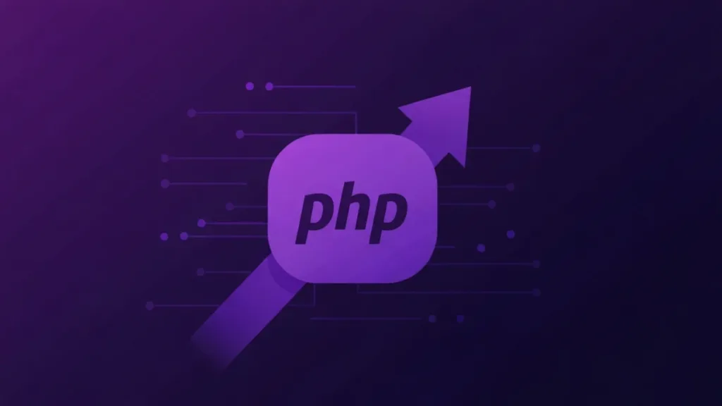 The PHP logo with an upward arrow on a dark technical background, upgrading PHP