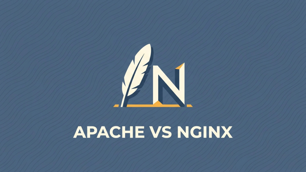 A stylized white feather and the letter N standing upright side-by-side. Text: APACHE VS NGINX