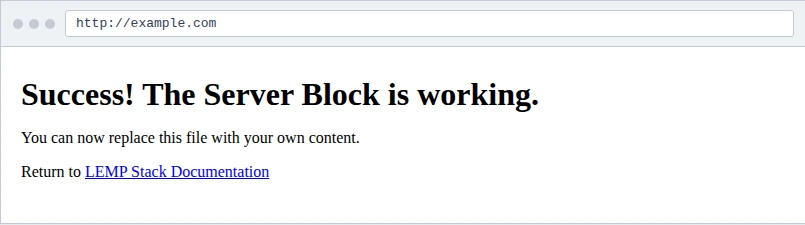 Browser at http://example.com showing the sample page: Success! The Server Block is working.
