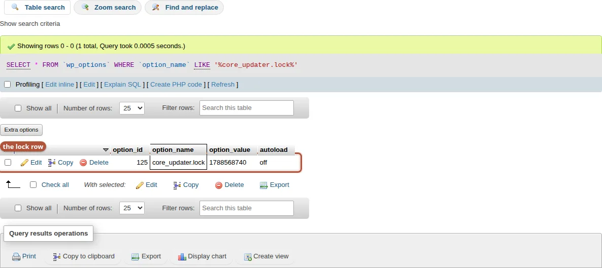 phpMyAdmin search results showing a single core_updater.lock row, its Unix timestamp in option_value, and Delete available on the row