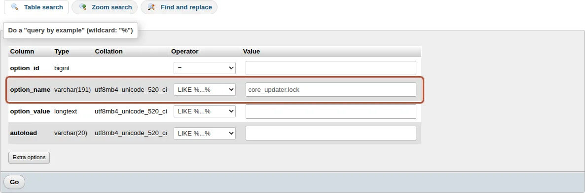 The phpMyAdmin Table search tab on the WordPress options table, with core_updater.lock typed into the option_name row