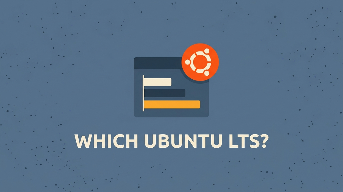 A dashboard panel displaying a bar chart with three varying horizontal timeline bars, positioned next to an Ubuntu logo. Text: WHICH UBUNTU LTS?