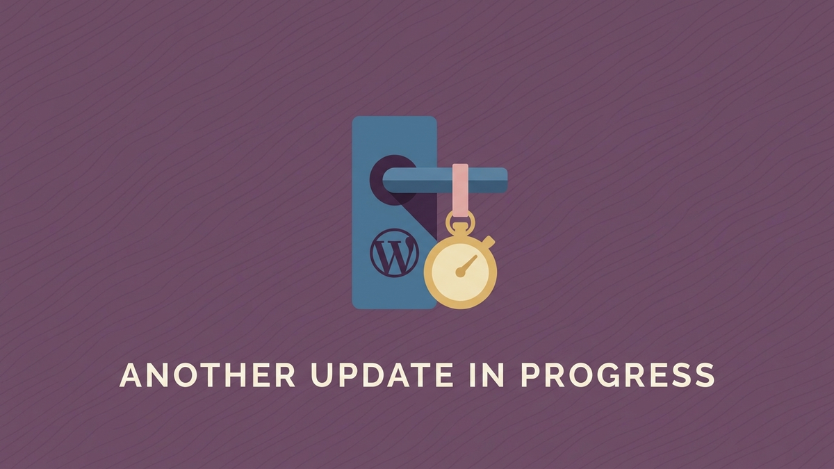 A flat vector illustration of a stopwatch hanging from a closed door handle. Text: ANOTHER UPDATE IN PROGRESS
