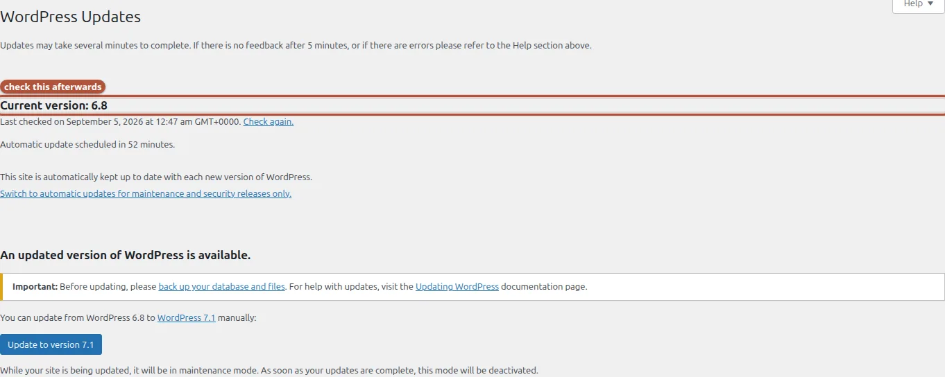 The WordPress Updates screen showing Current version 6.8 and an Update to version 7.1 button